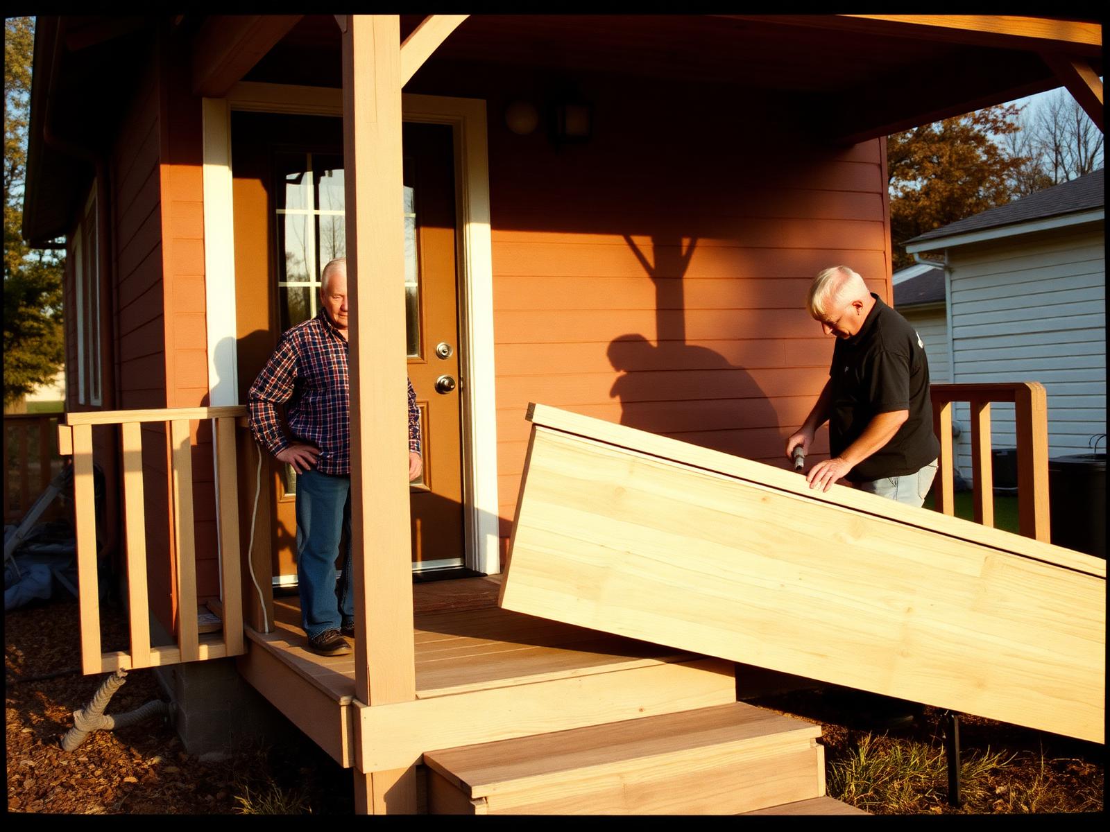 Volunteer carpenter installing a new ramp at an elderly homeowner's porch